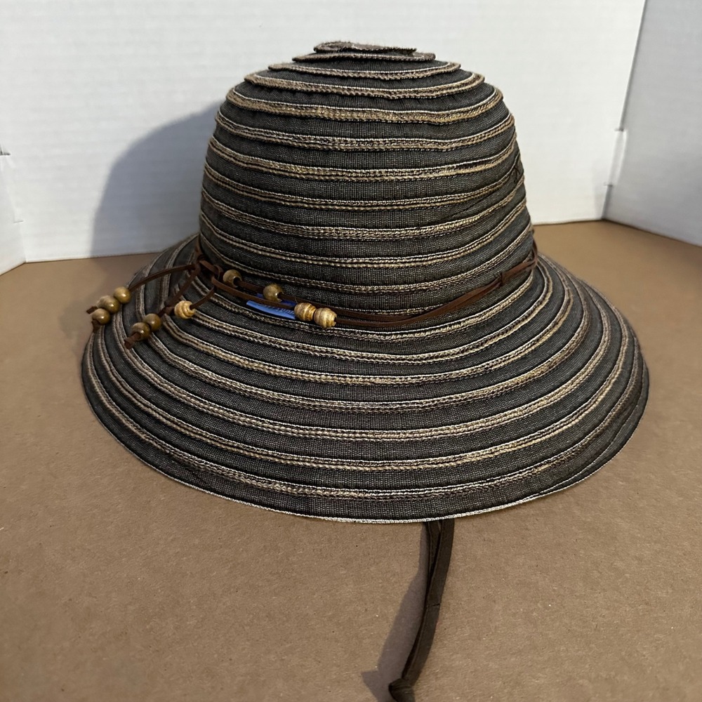 Wallaroo Breton Sun Hat Womens OS Brown Striped Excellent Beaded Packable